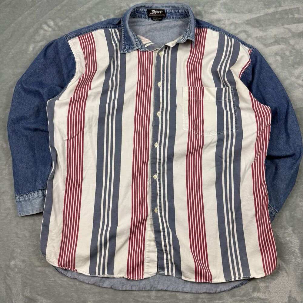 Vintage 90s Impact Denim Panel Striped Button Up Shirt XL